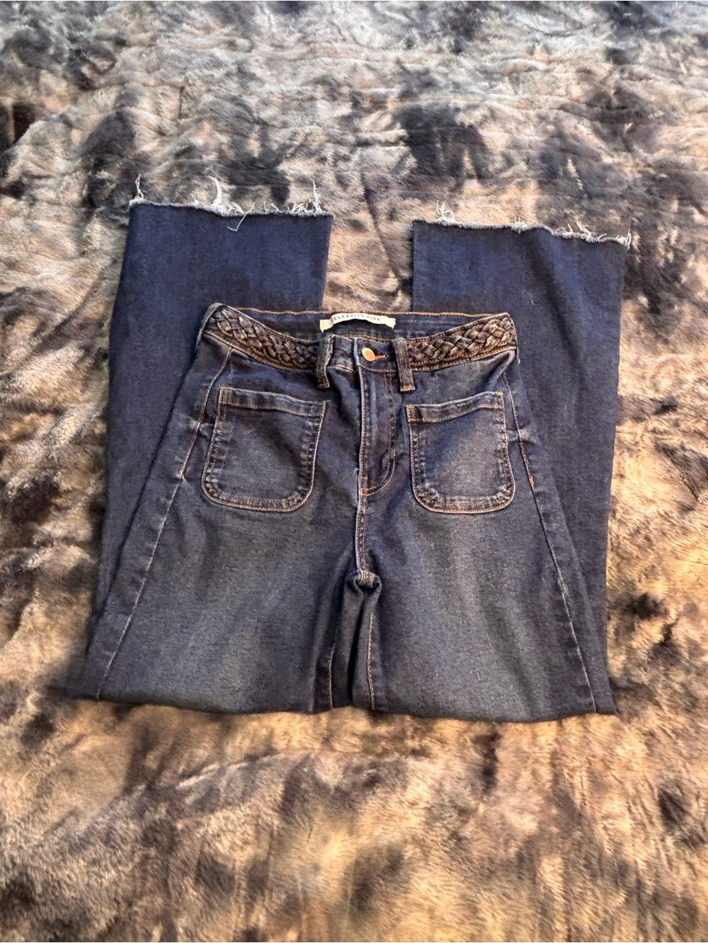 Celebrity Pink Dark Blue Flare Jeans with Braided Waist